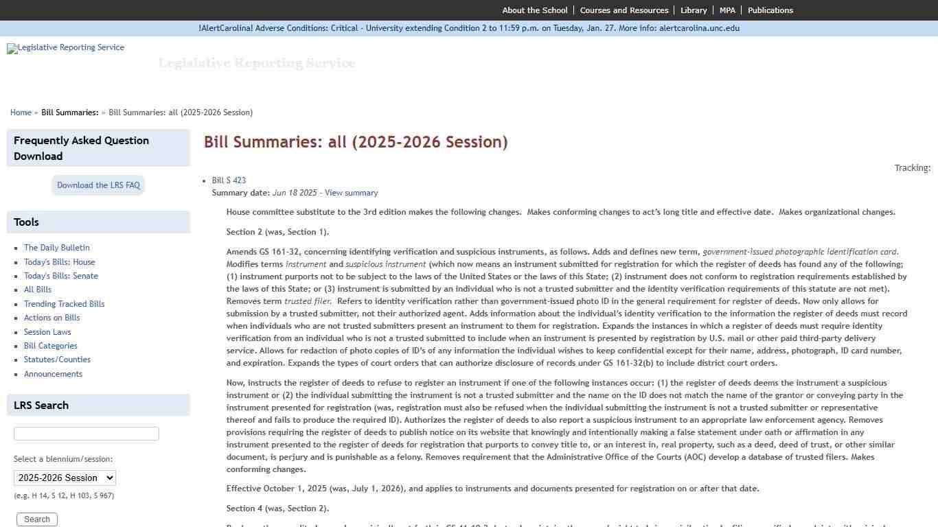 Bill Summaries: all (2025-2026 Session) Legislative Reporting Service